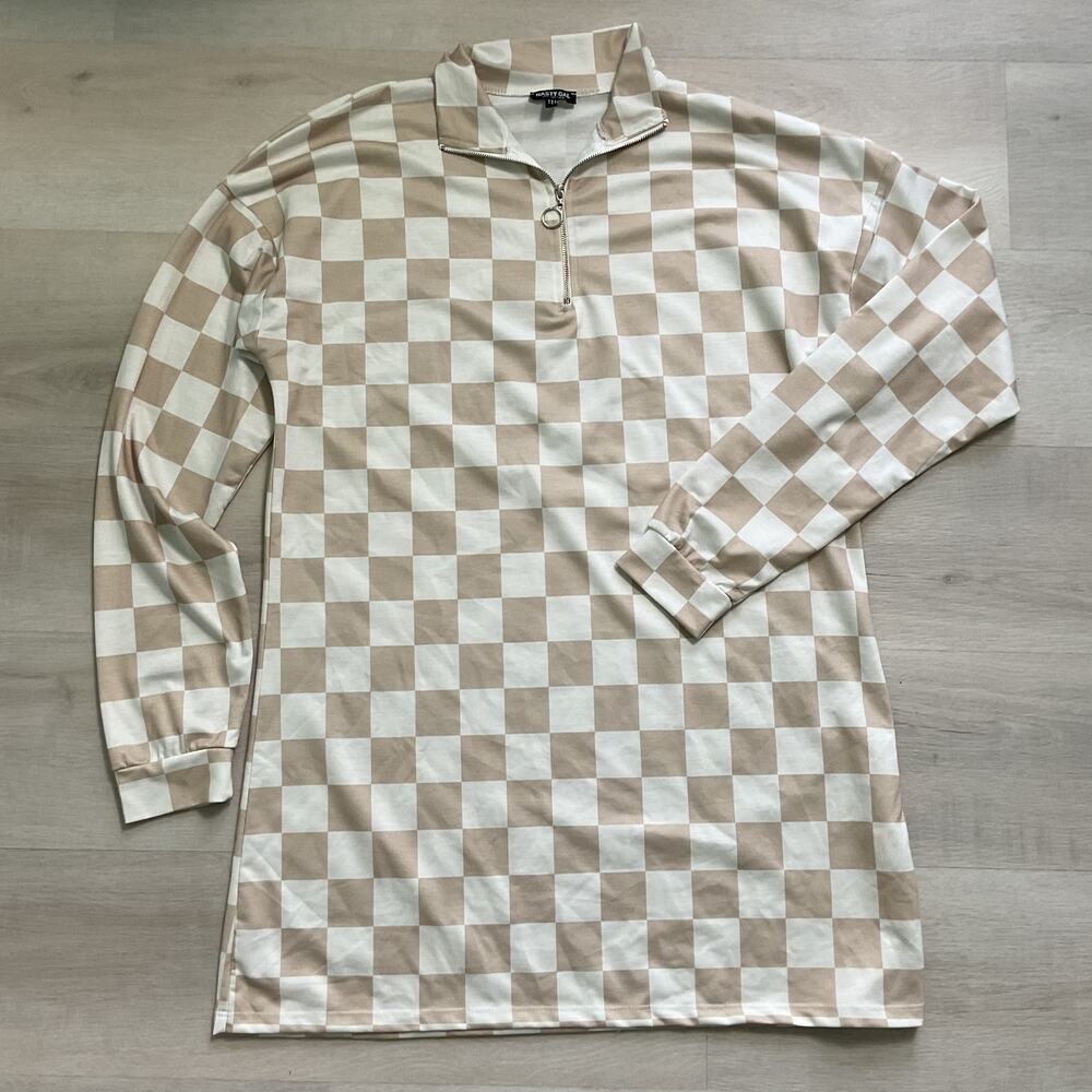 Nasty Gal Collection Quarter Zip Checkerboard Pattern Dress Womens 8